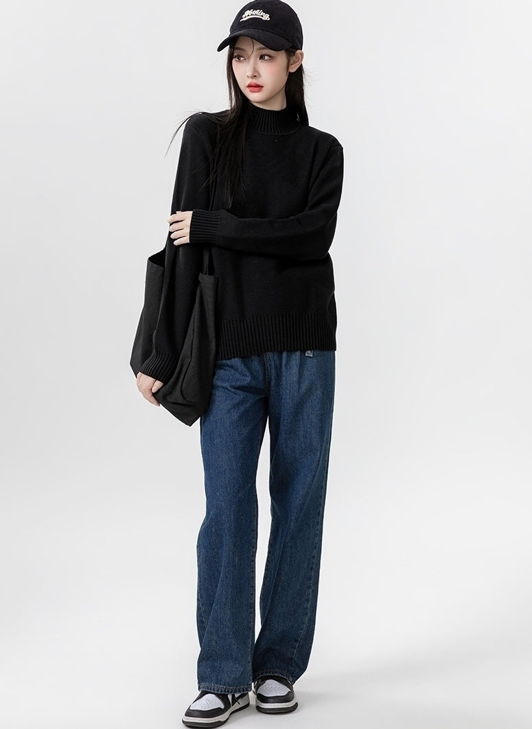 Classic Black Turtleneck Thick Knit Sweater