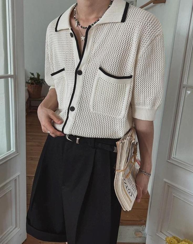 Classic Knit Polo Cardigan Short Sleeve Sweater