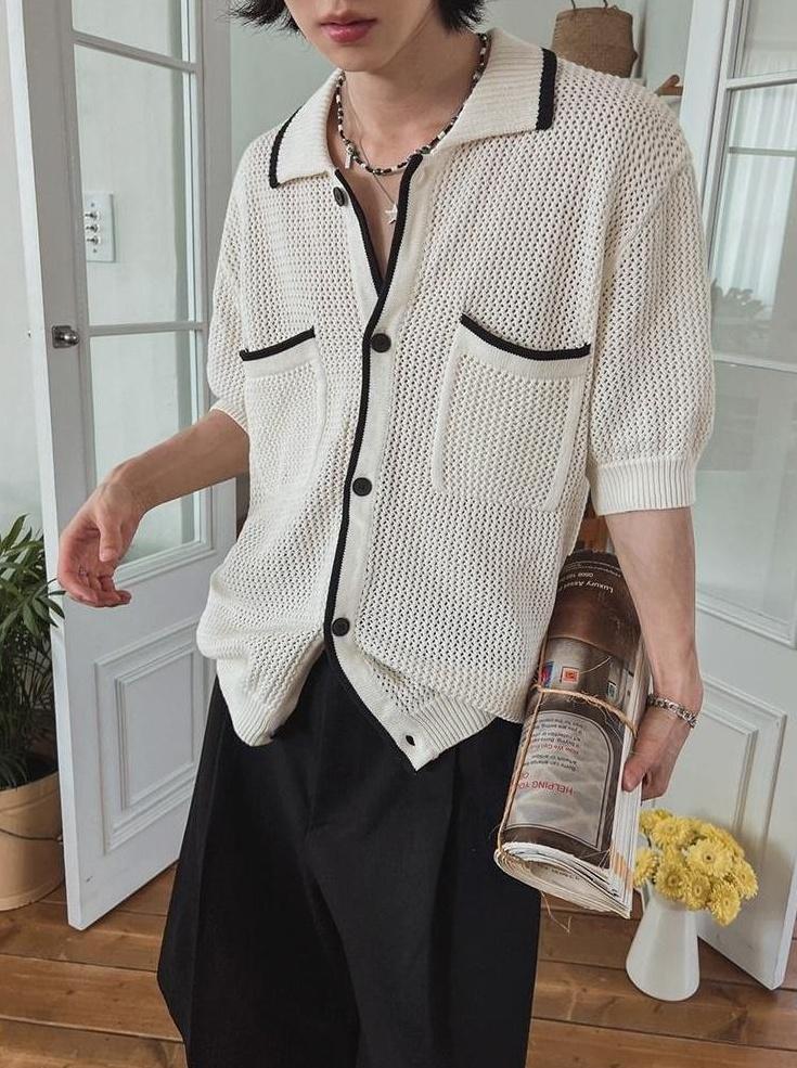 Classic Knit Polo Cardigan Short Sleeve Sweater