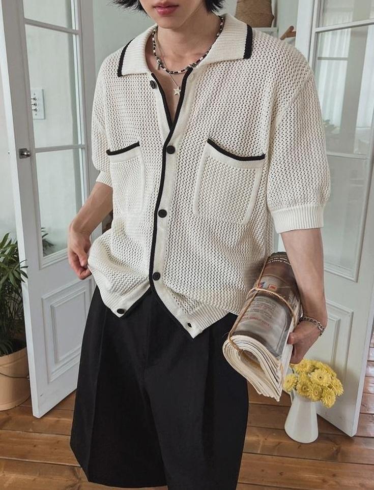 Classic Knit Polo Cardigan Short Sleeve Sweater