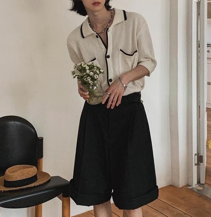 Classic Knit Polo Cardigan Short Sleeve Sweater