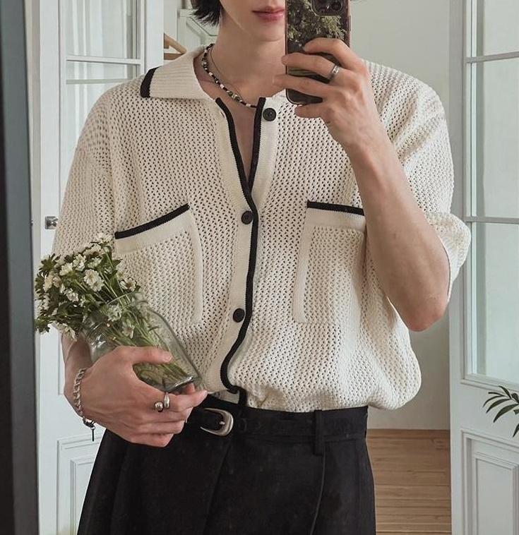 Classic Knit Polo Cardigan Short Sleeve Sweater