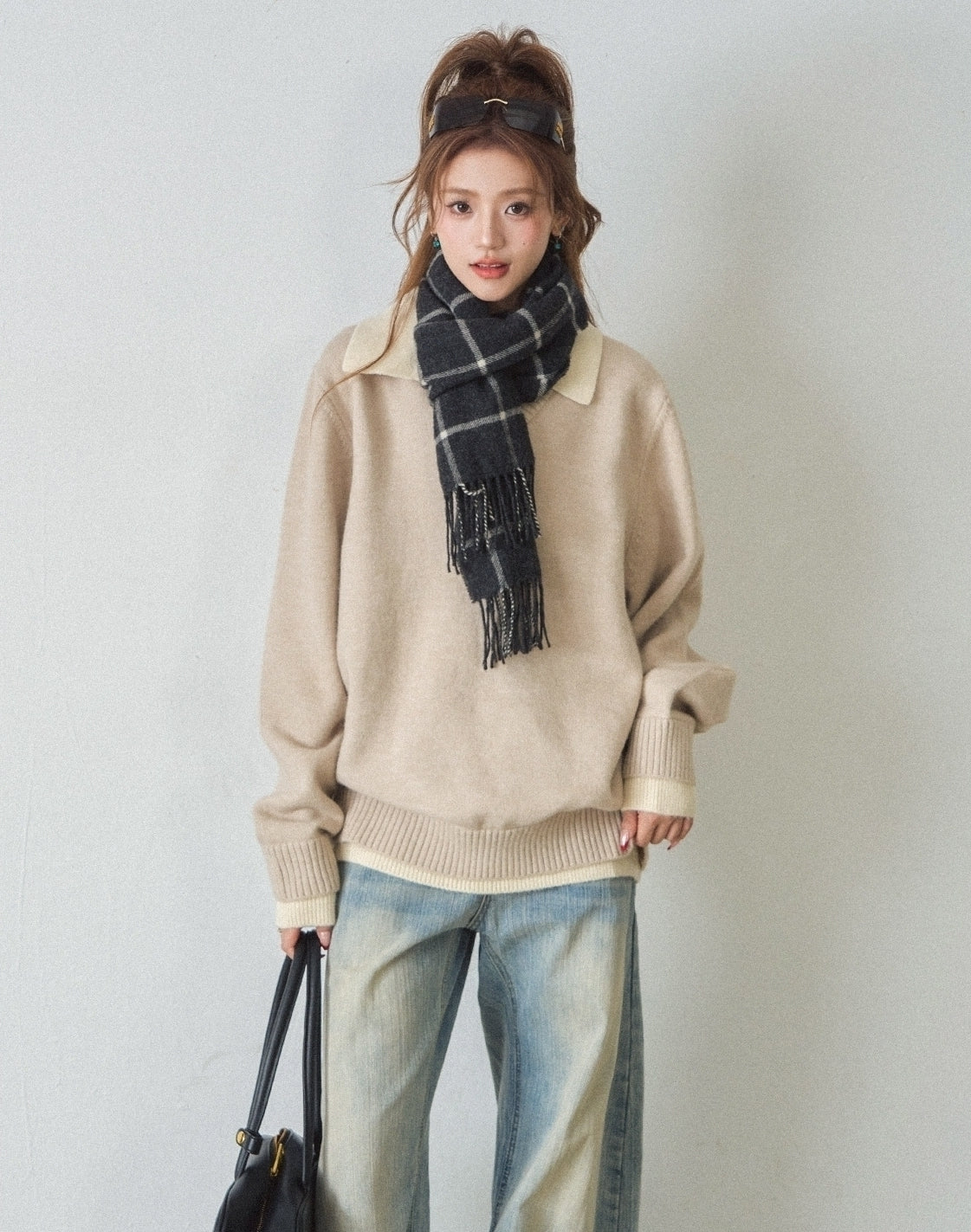 Classic Layered Knit Sweater With Contrast Collar