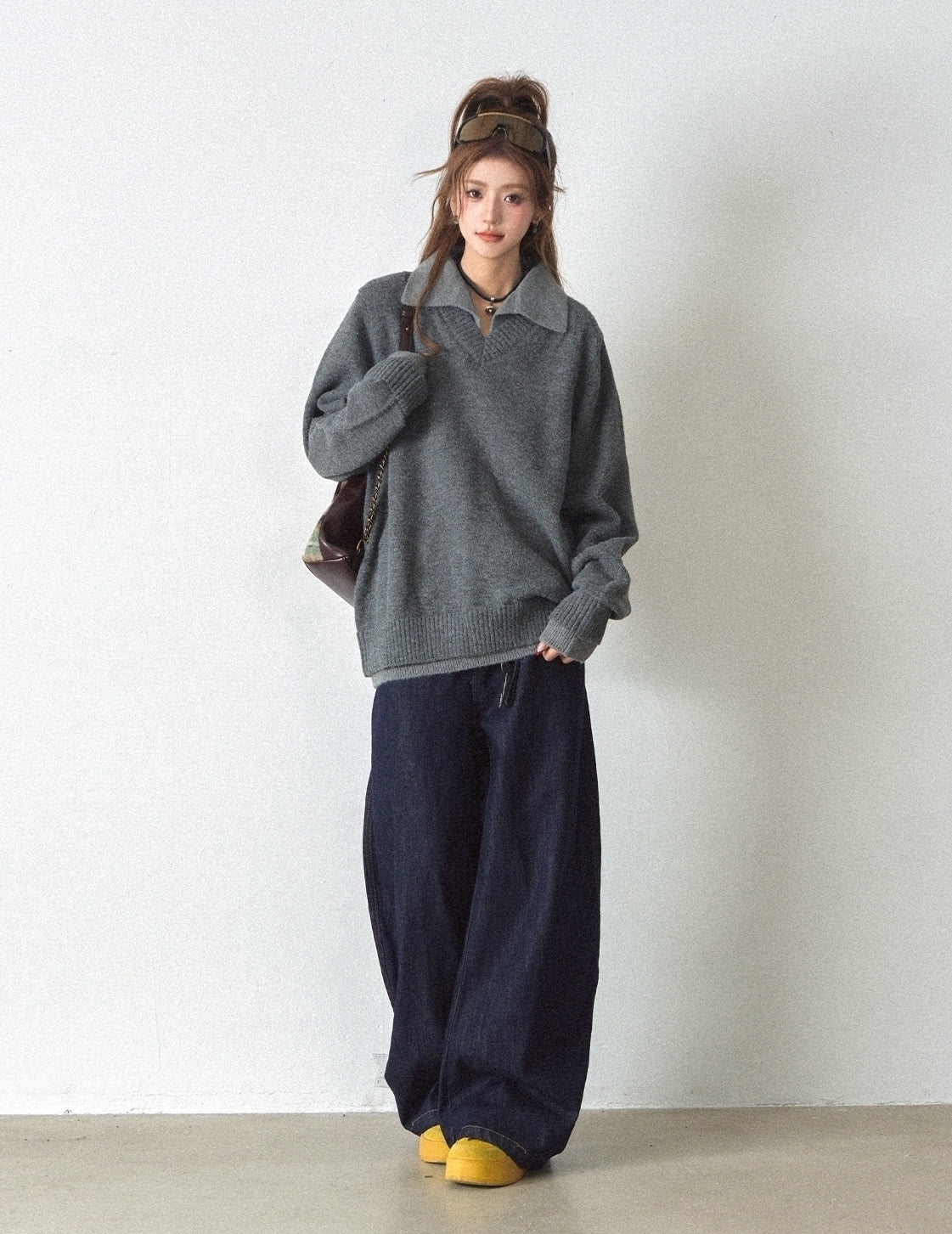 Classic Layered Knit Sweater With Contrast Collar