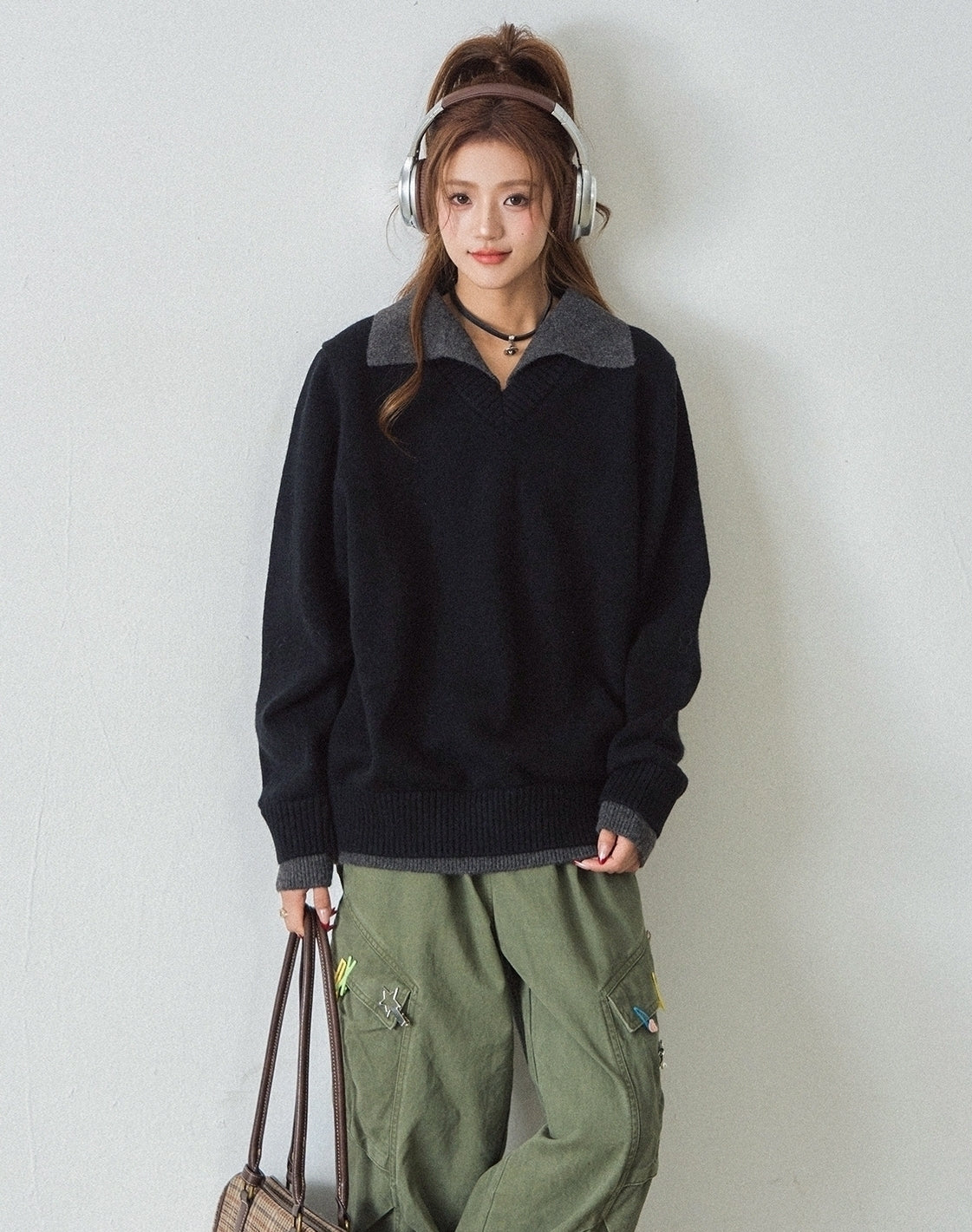 Classic Layered Knit Sweater With Contrast Collar
