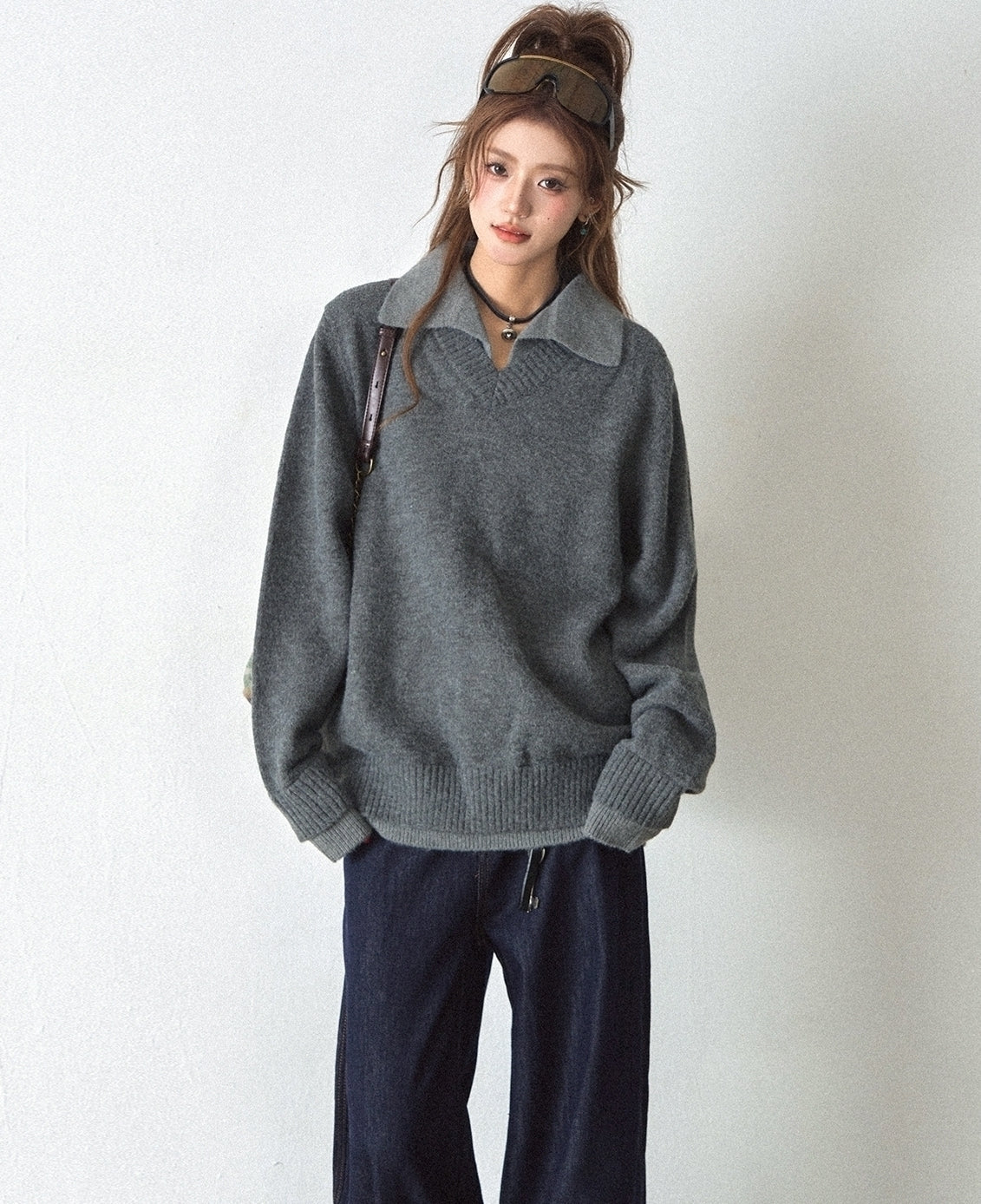 Classic Layered Knit Sweater With Contrast Collar