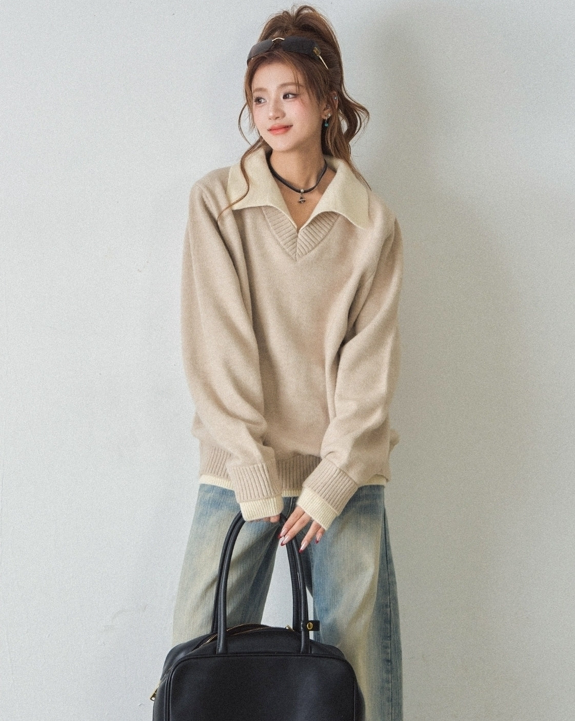 Classic Layered Knit Sweater With Contrast Collar