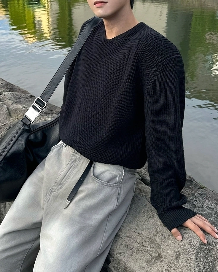 Classic V Neck Knit Sweater Casual Loose Fit