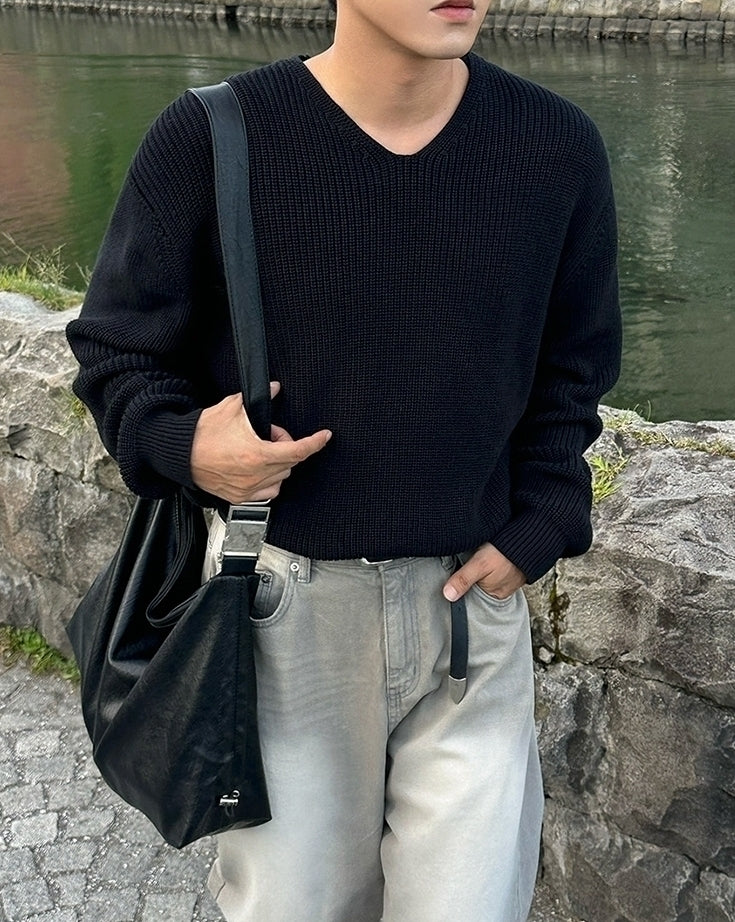 Classic V Neck Knit Sweater Casual Loose Fit