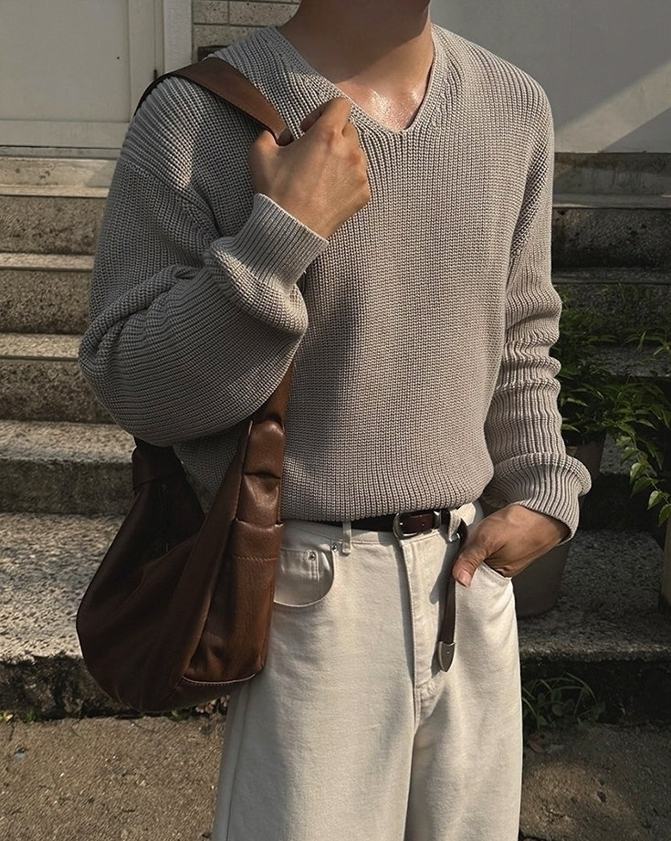Classic V Neck Knit Sweater Casual Loose Fit