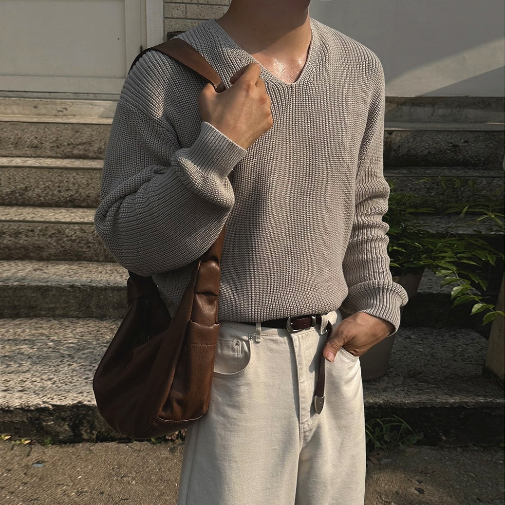 Classic V Neck Knit Sweater Casual Loose Fit