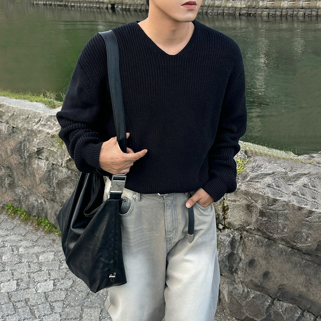 Classic V Neck Knit Sweater Casual Loose Fit