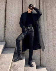 Coated Black Denim Slim Trousers
