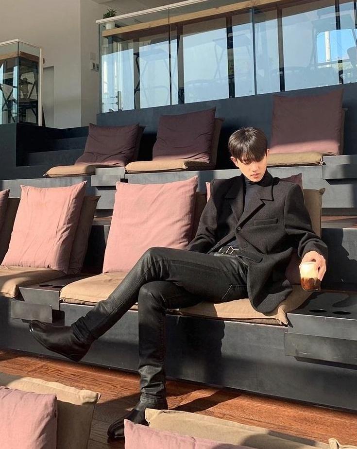 Coated Black Denim Slim Trousers