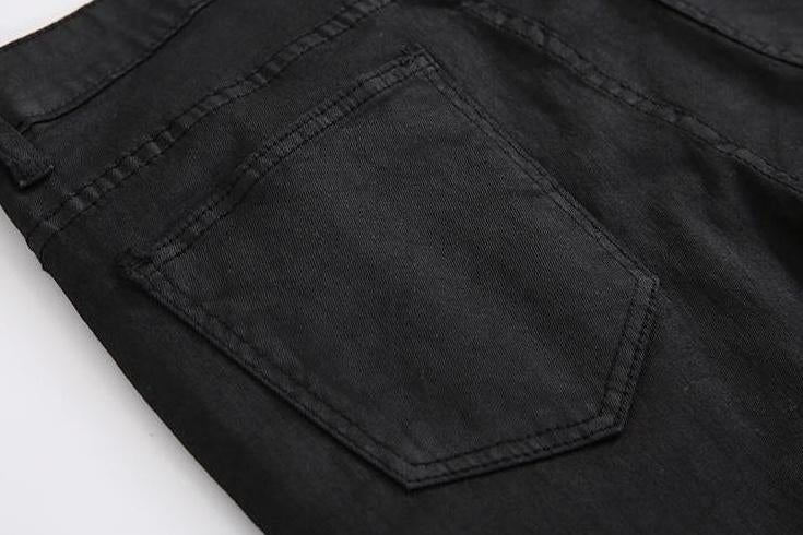 Coated Black Denim Slim Trousers