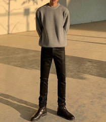 Coated Black Denim Slim Trousers