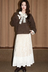 Coffee Color Collared Layered Knit Cardigan Jacket