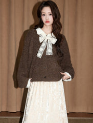 Coffee Color Collared Layered Knit Cardigan Jacket