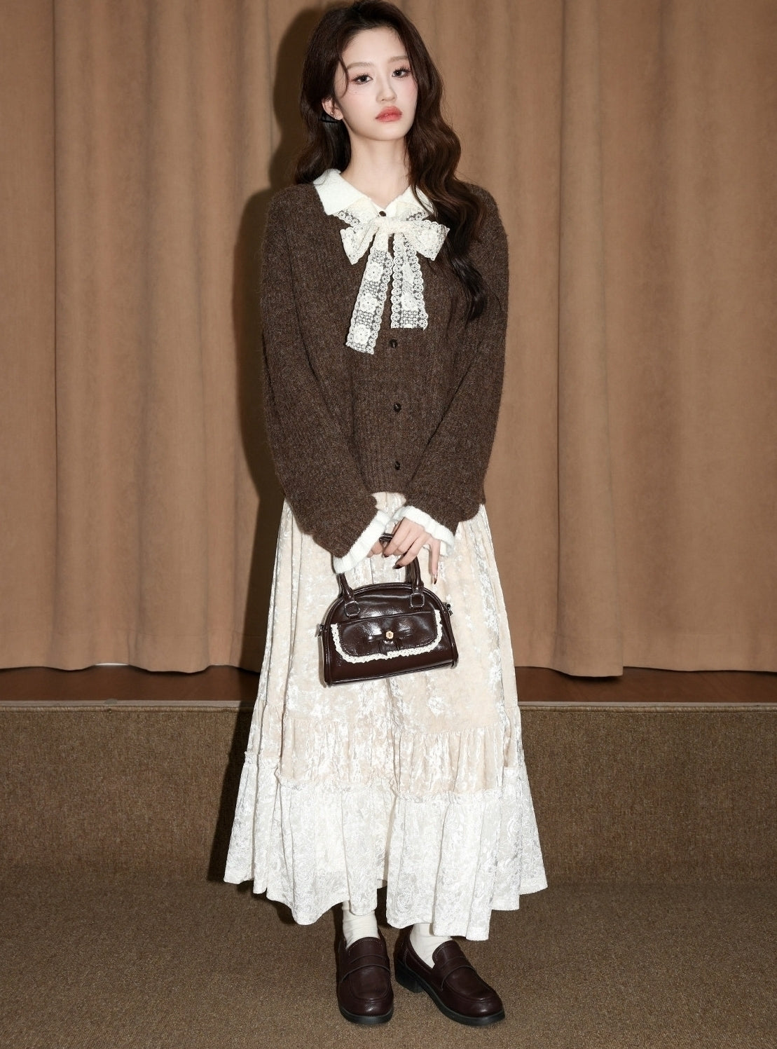 Coffee Color Collared Layered Knit Cardigan Jacket