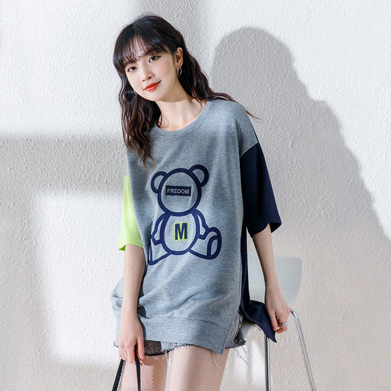 Color Block Bear Graphic Loose T-Shirt