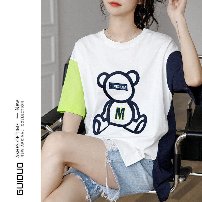 Color Block Bear Graphic Loose T-Shirt