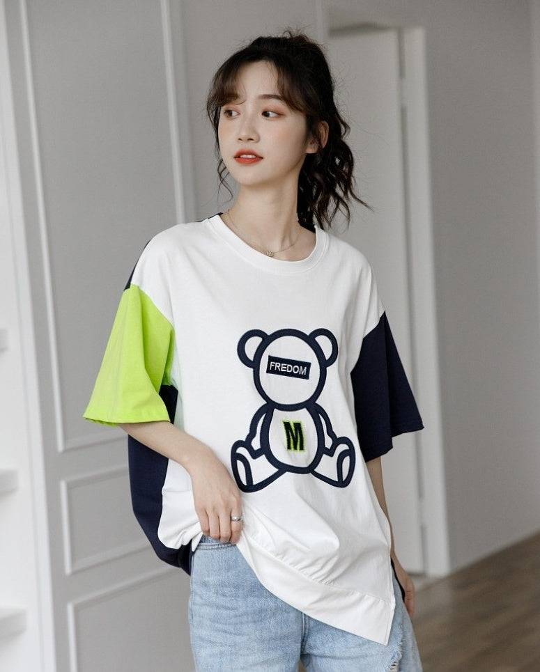 Color Block Bear Graphic Loose T-Shirt