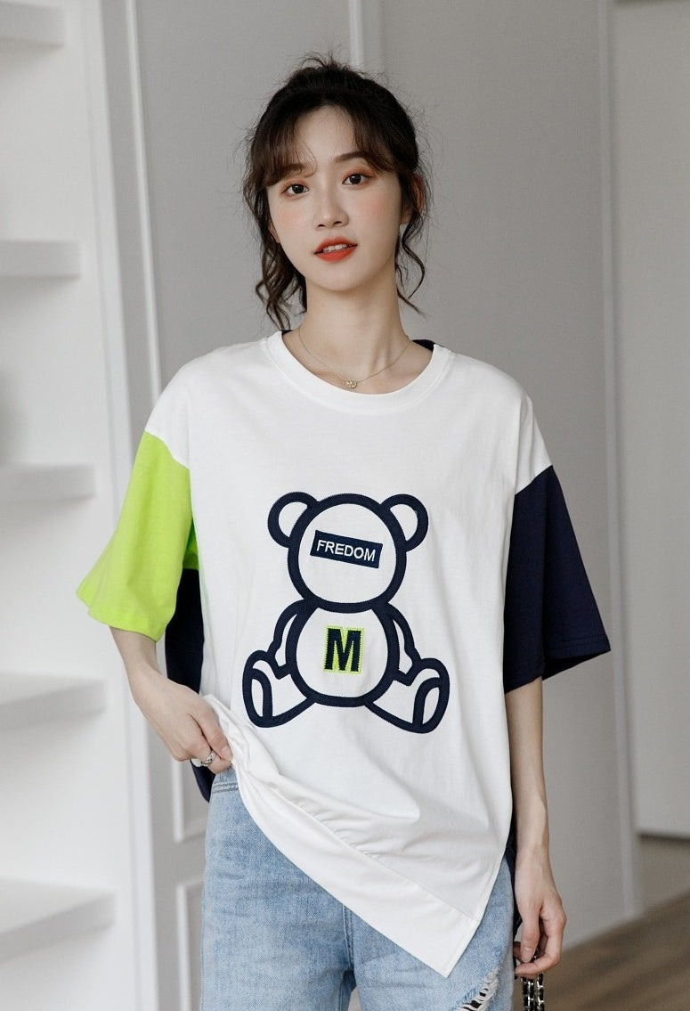 Color Block Bear Graphic Loose T-Shirt