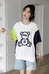 Color Block Bear Graphic Loose T-Shirt