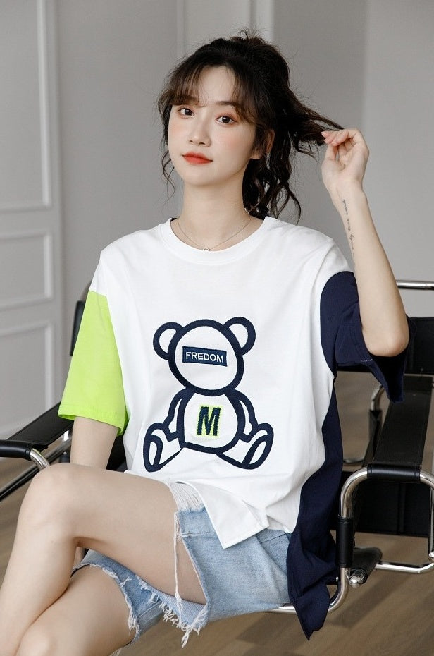 Color Block Bear Graphic Loose T-Shirt