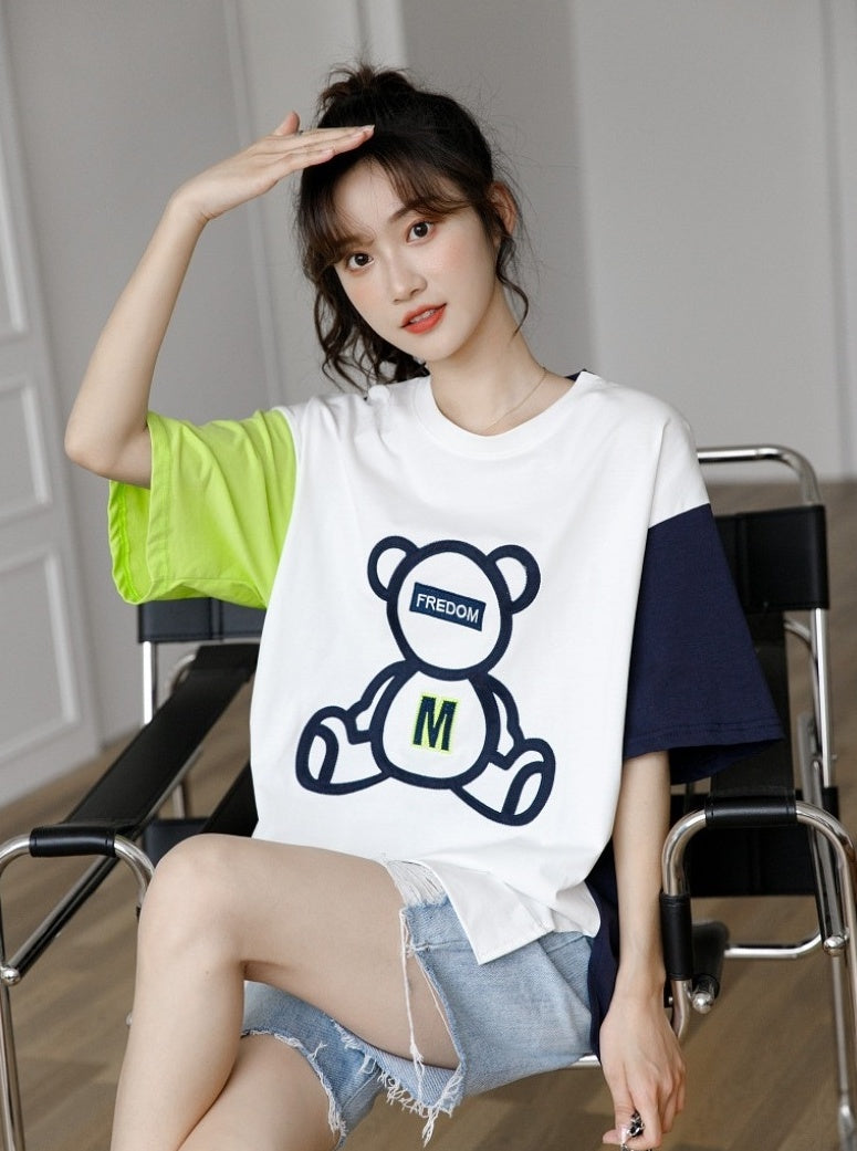 Color Block Bear Graphic Loose T-Shirt