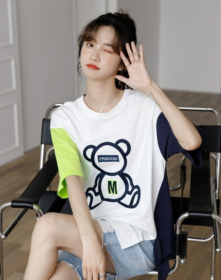 Color Block Bear Graphic Loose T-Shirt