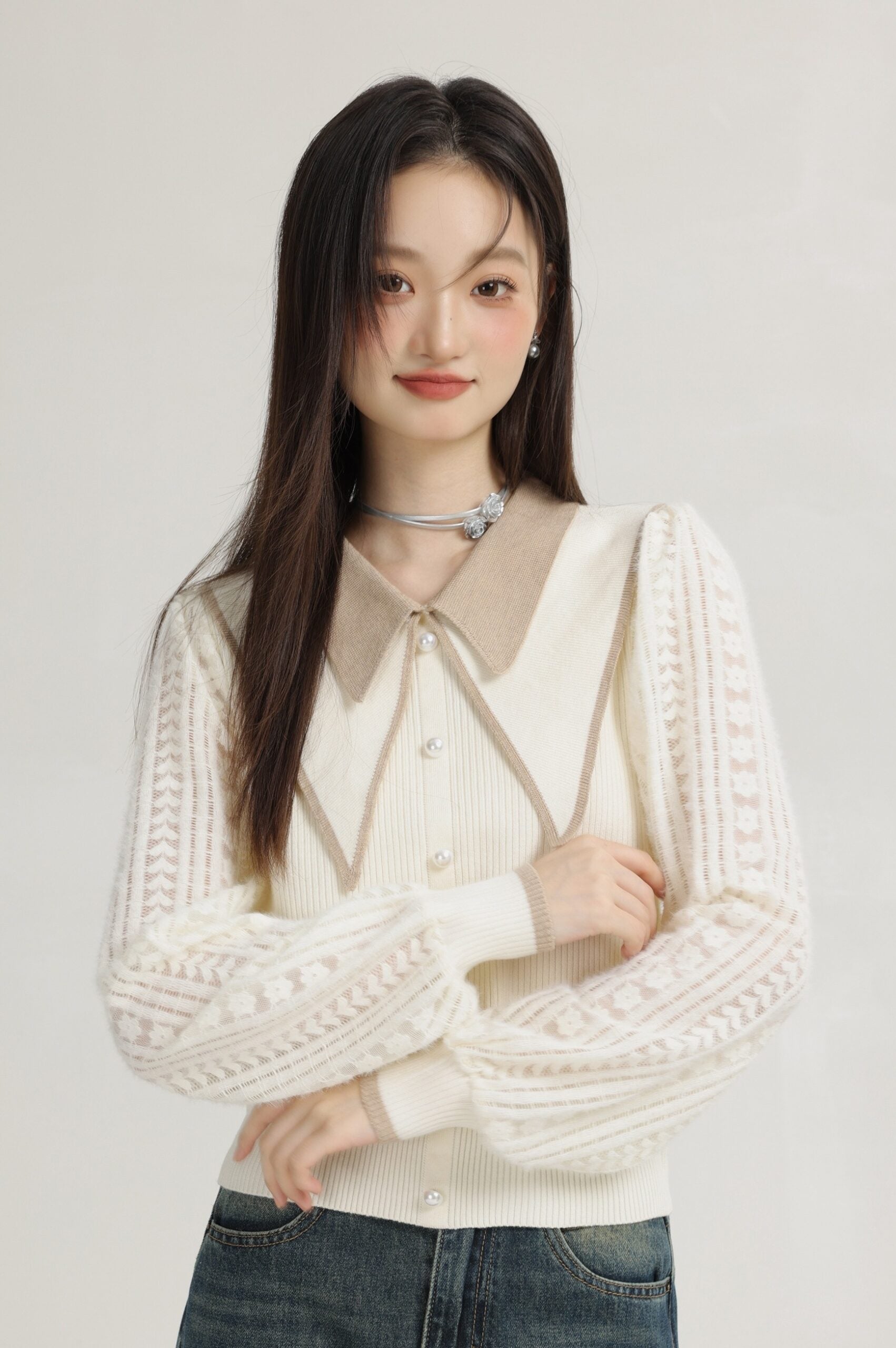 Beige Doll Collar Knit Sweater