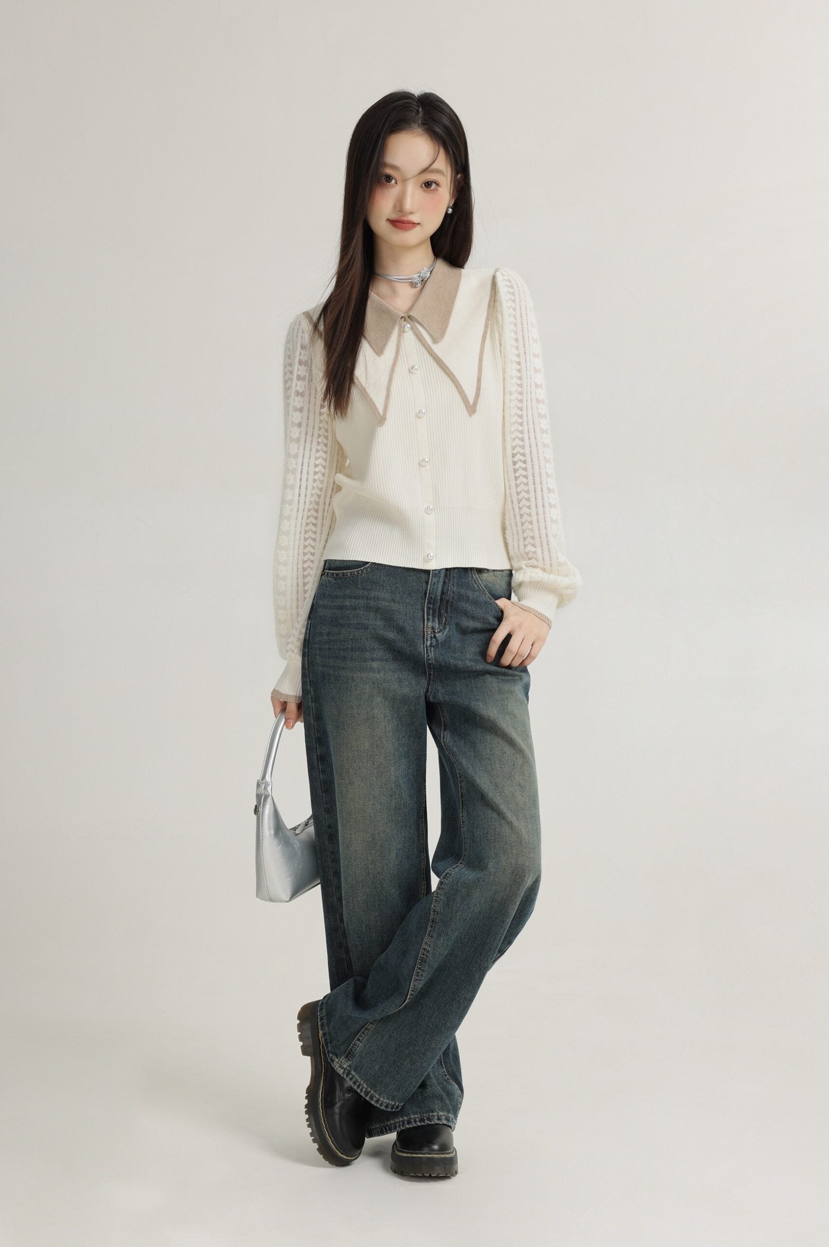 Beige Doll Collar Knit Sweater