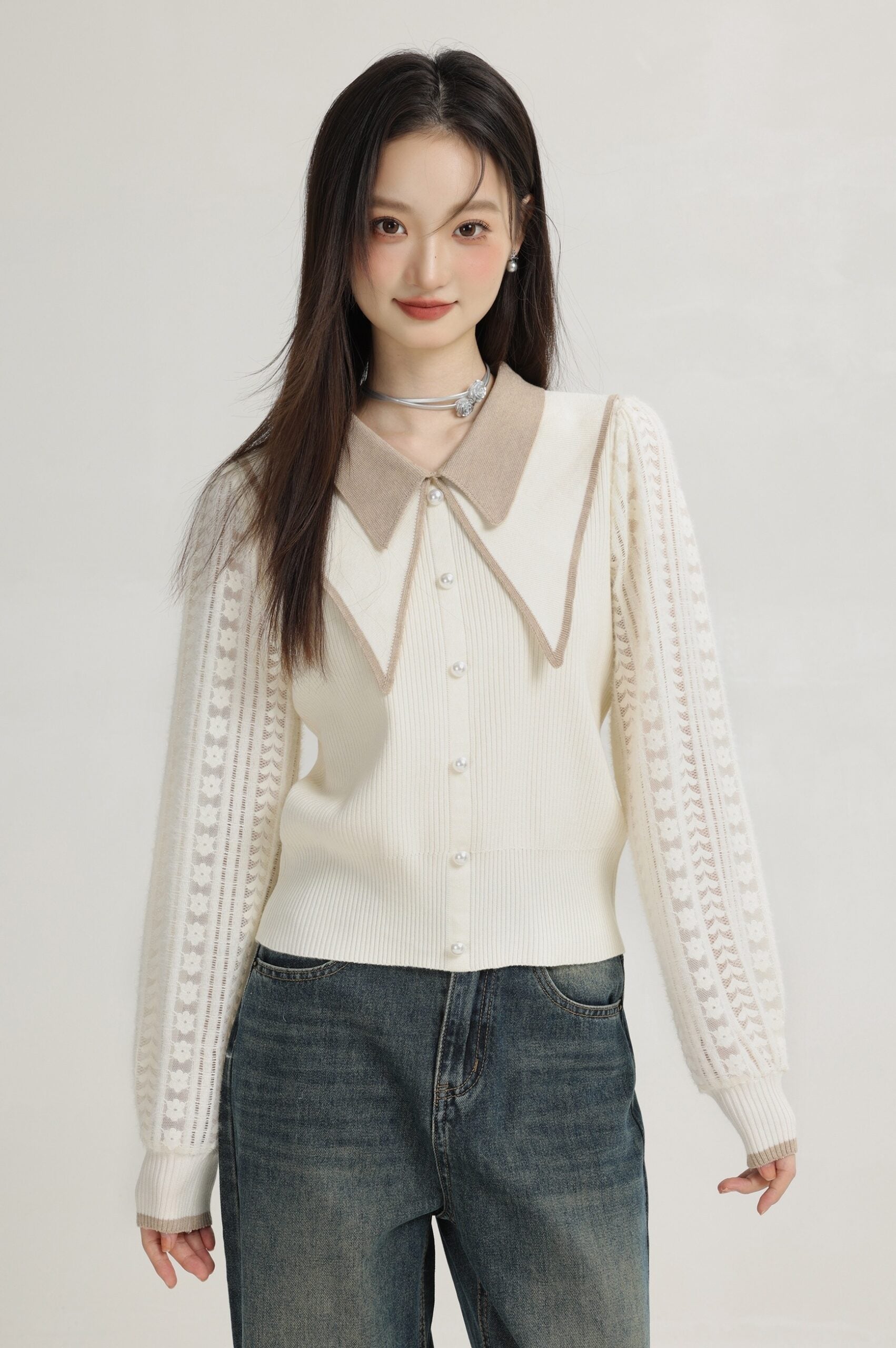 Beige Doll Collar Knit Sweater