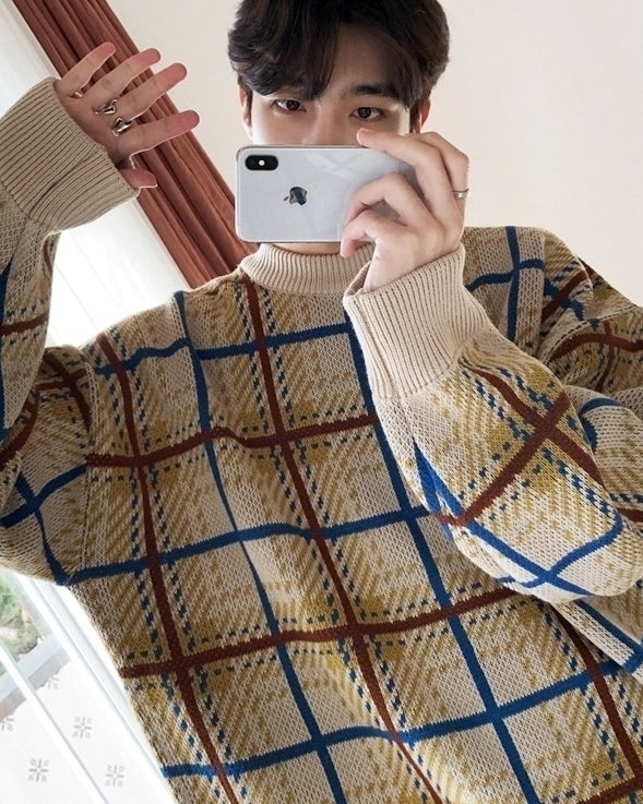 Color Block Plaid Knit Sweater Casual Loose Pullover