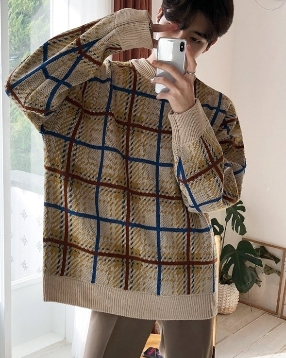 Color Block Plaid Knit Sweater Casual Loose Pullover