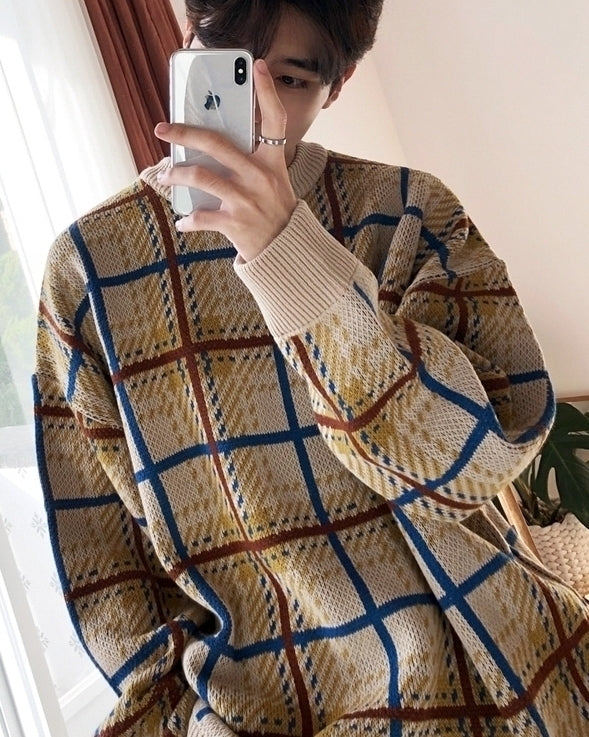 Color Block Plaid Knit Sweater Casual Loose Pullover