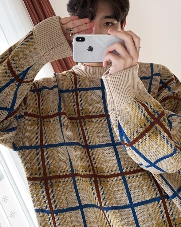 Color Block Plaid Knit Sweater Casual Loose Pullover