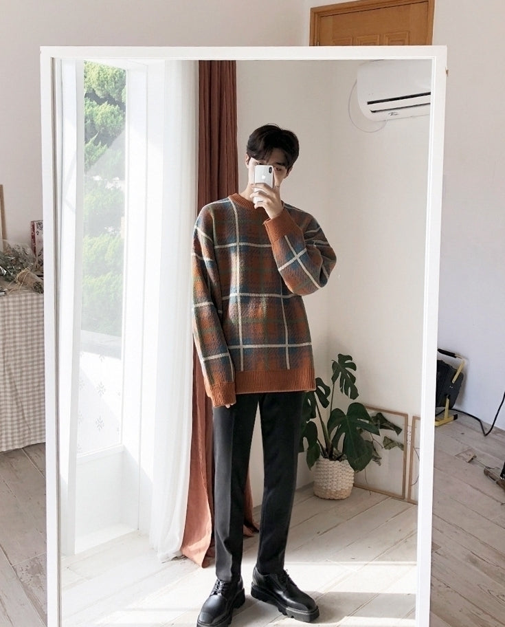 Color Block Plaid Knit Sweater Casual Loose Pullover