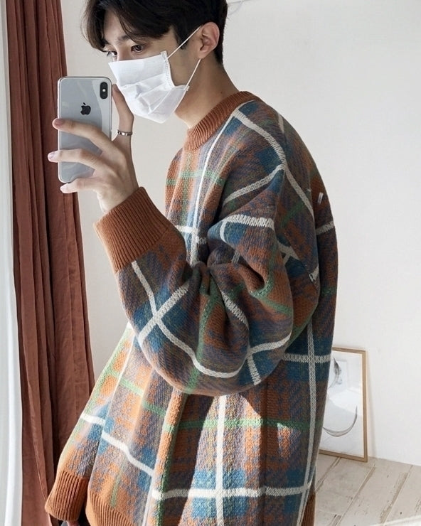 Color Block Plaid Knit Sweater Casual Loose Pullover