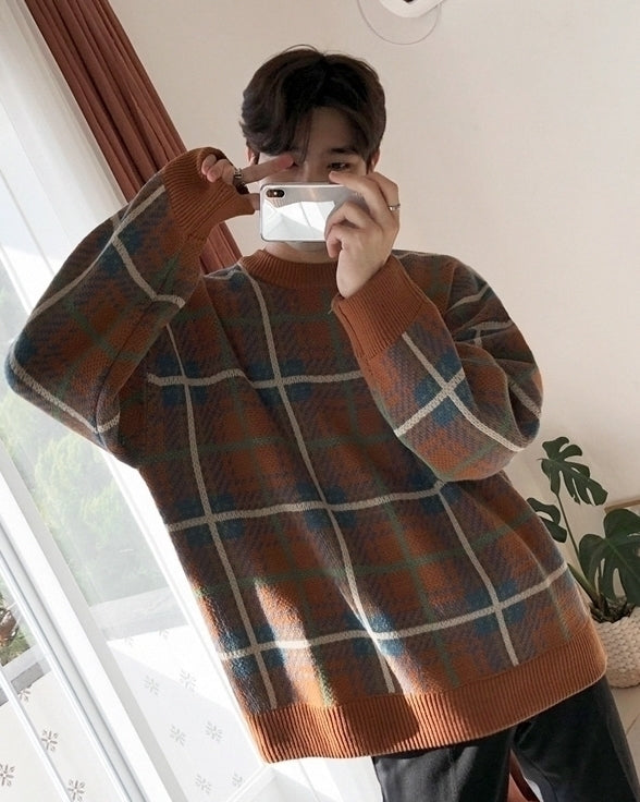 Color Block Plaid Knit Sweater Casual Loose Pullover