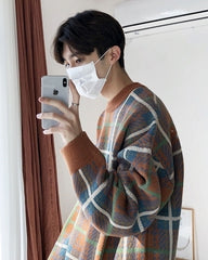 Color Block Plaid Knit Sweater Casual Loose Pullover