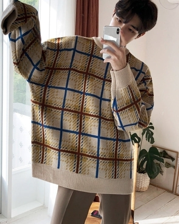 Color Block Plaid Knit Sweater Casual Loose Pullover