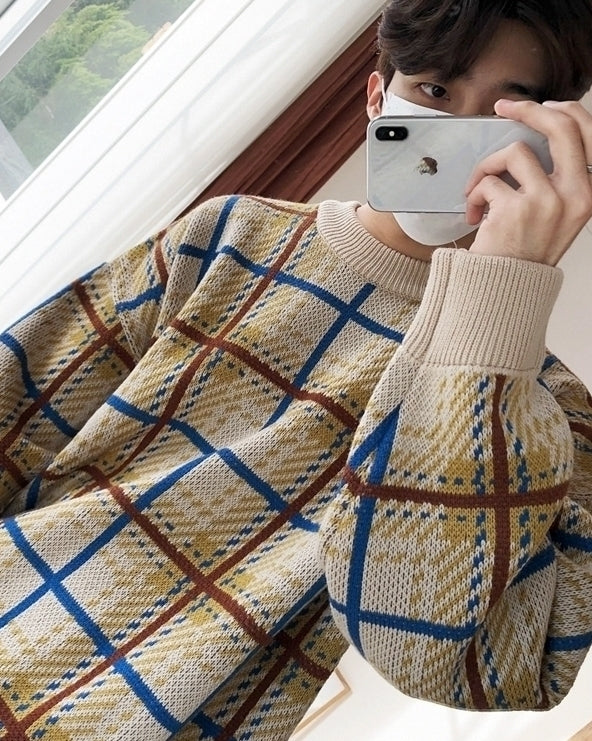Color Block Plaid Knit Sweater Casual Loose Pullover