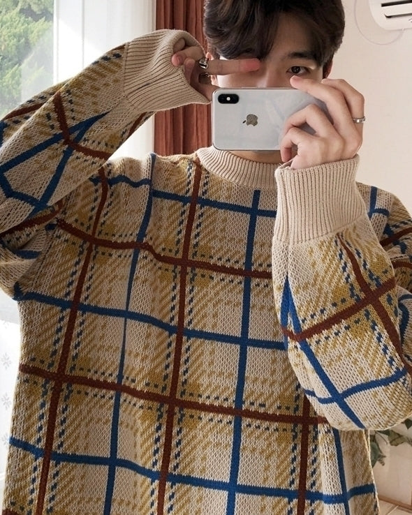 Color Block Plaid Knit Sweater Casual Loose Pullover
