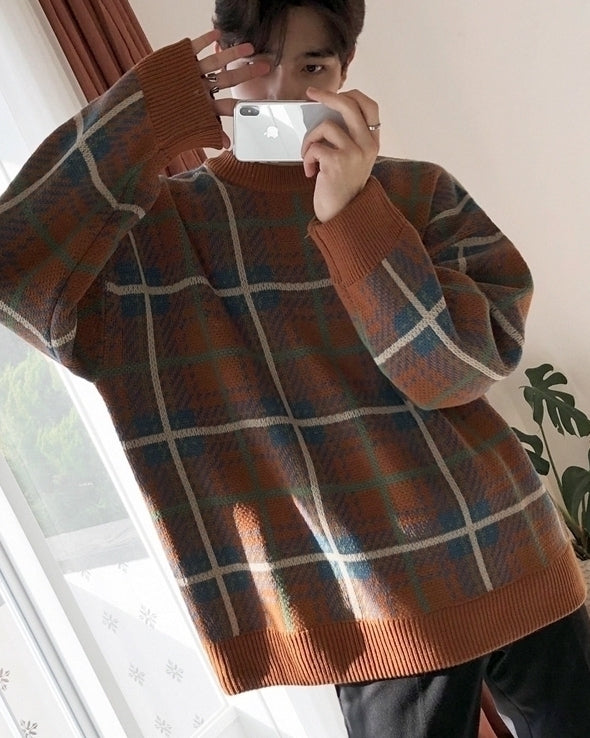 Color Block Plaid Knit Sweater Casual Loose Pullover
