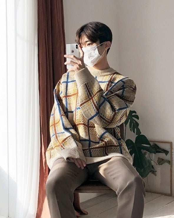Color Block Plaid Knit Sweater Casual Loose Pullover