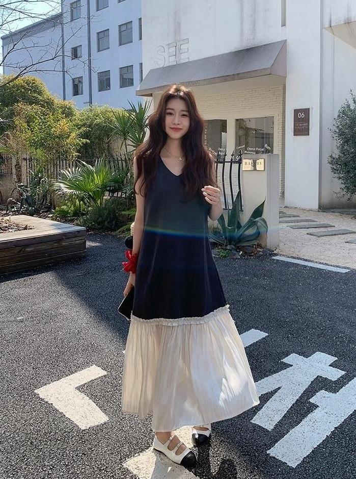 Color Block Vneck Sleeveless Loose Dress