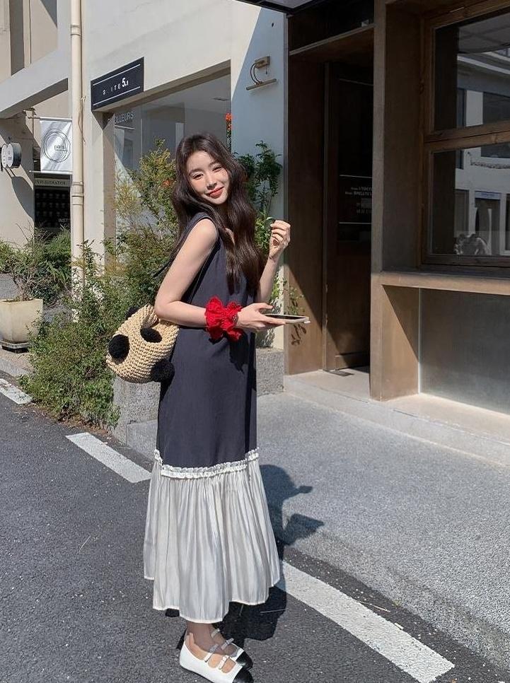 Color Block Vneck Sleeveless Loose Dress