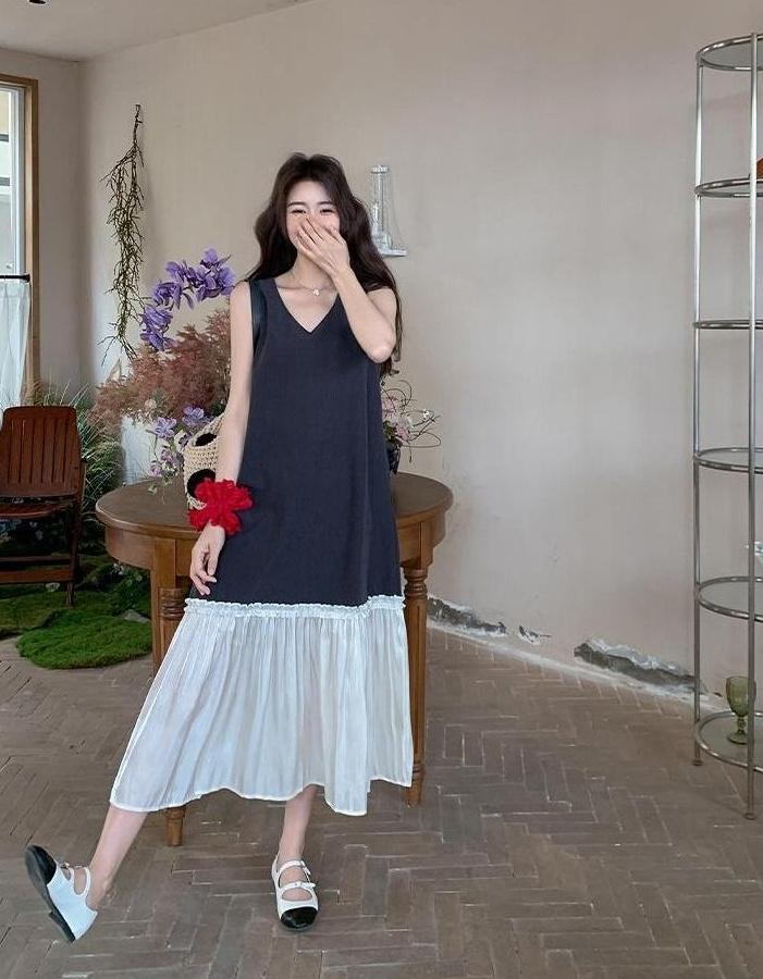 Color Block Vneck Sleeveless Loose Dress